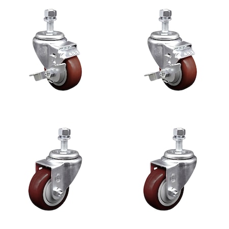 Service Caster 3.5 Inch Maroon Polyurethane Swivel 12mm Threaded Stem Caster Brakes, 2PK SCC-TS20S3514-PPUB-MRN-TLB-M1215-2S2